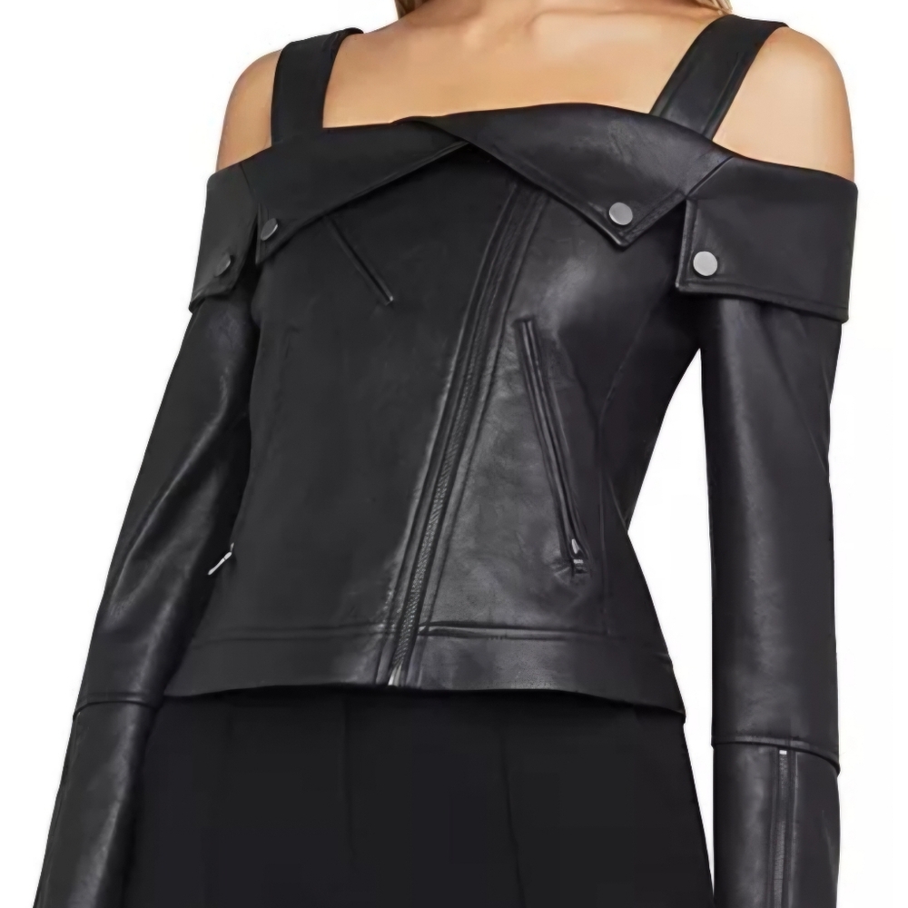 NWT BCBGMaxAzria Black Off-Shoulder Faux- Leather Jacket